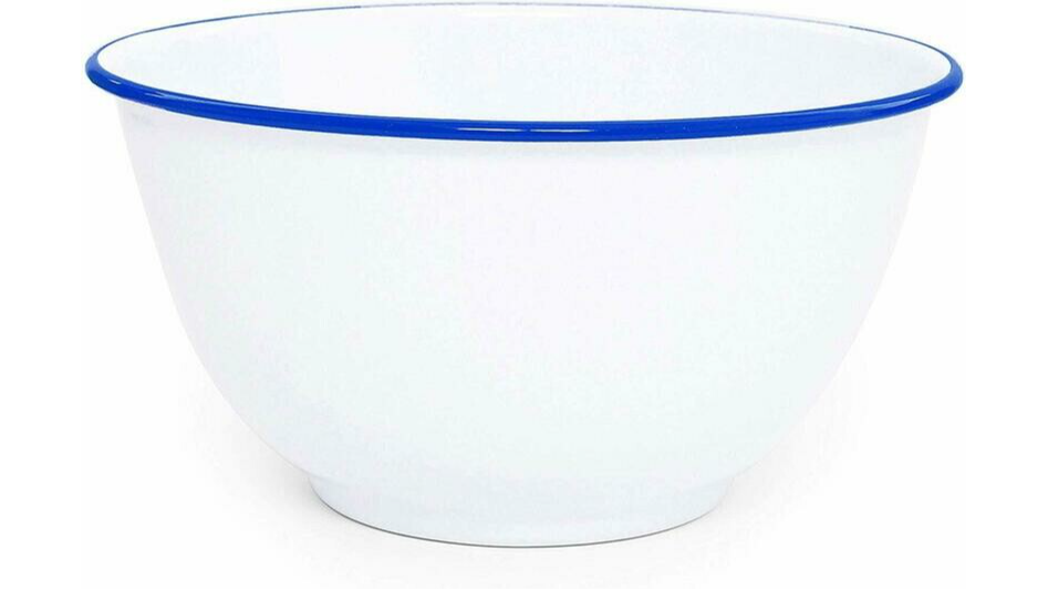 Small White Enamel Footed Bowl – Blue Rolled Rim 16 Oz