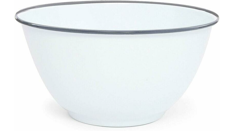 Small White Enamel Footed Bowl – Grey Rolled Rim 16 Oz