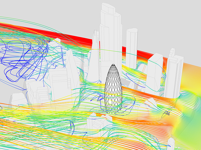 Streamline visualisation of wind around a cluster of tall buildings in the City of London, United Kingdom.
