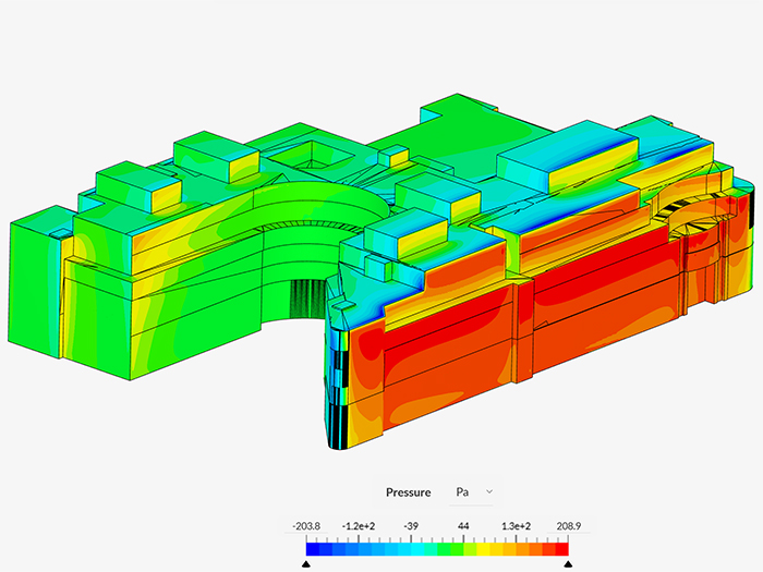 Visualisation of wind pressure distribution on a speculative lab building in the Cambridge, MA region, simulated through our Nuada.CFD application.