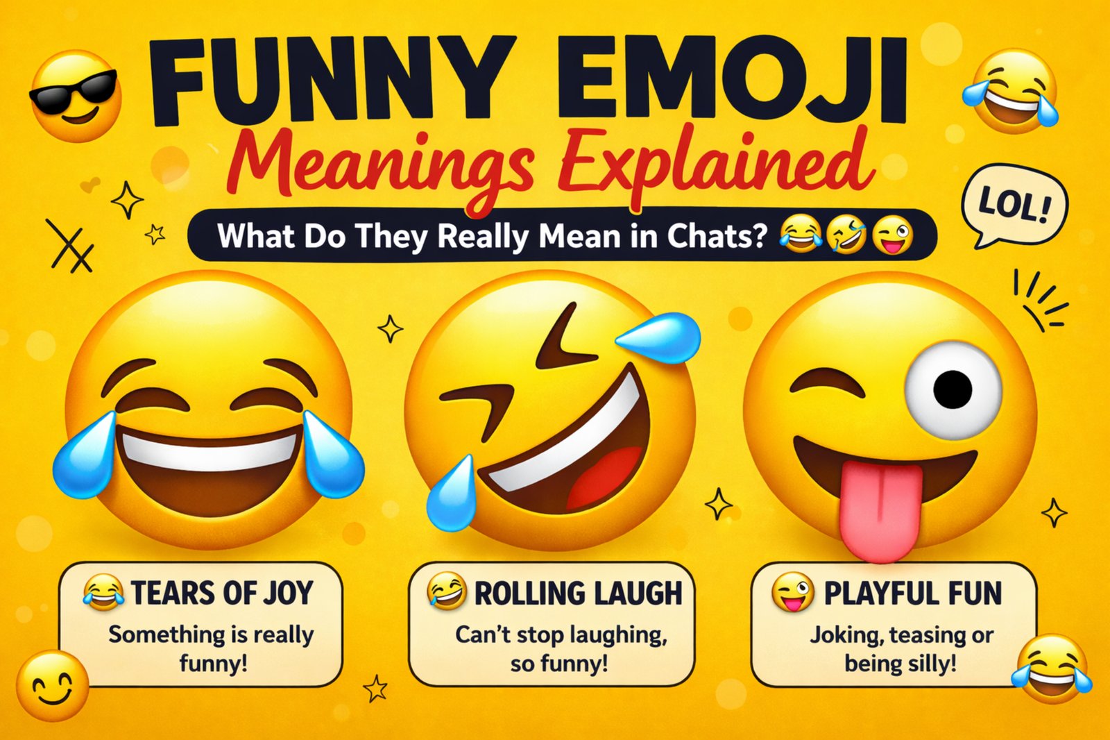 Funny Emoji Meanings Explained for Chats and Social Media Different funny emojis like laughing face, rolling laughing emoji, and playful tongue emojis used in chat conversations