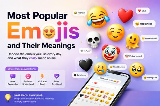 Colorful infographic showing popular emojis and their meanings including laughing face, heart emoji, skull emoji, clown emoji, black heart, 