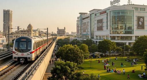 Hyderabad Metro train passing through Hitech City with green park and modern buildings during evening golden hour