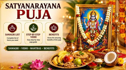 Satyanarayana Puja banner showing samagri list, step-by-step vidhi, benefits, and traditional puja items for worship