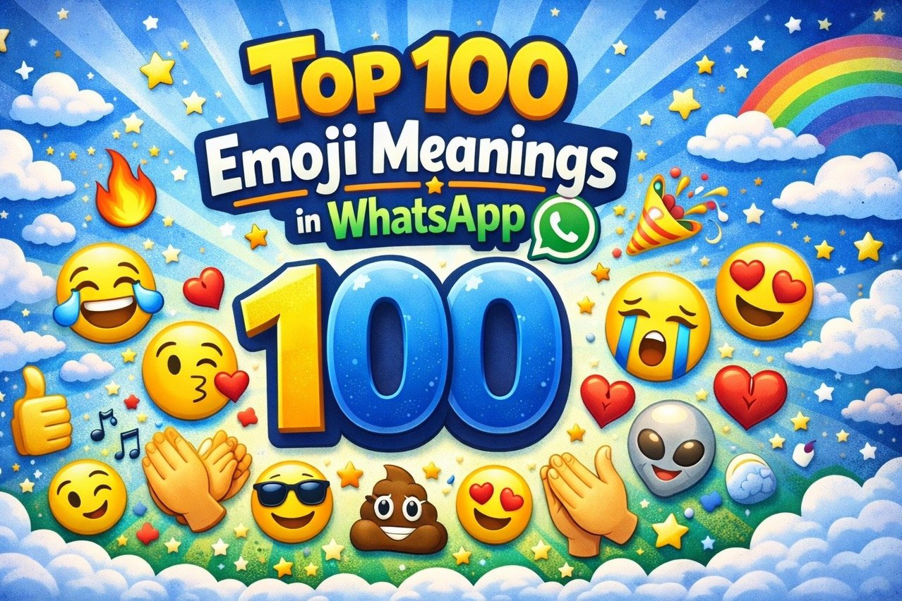 Top 100 WhatsApp Emoji Meanings Guide Illustration showing popular WhatsApp emojis like 😂 ❤️ 👍 🎉 and their meanings used in chat conversations