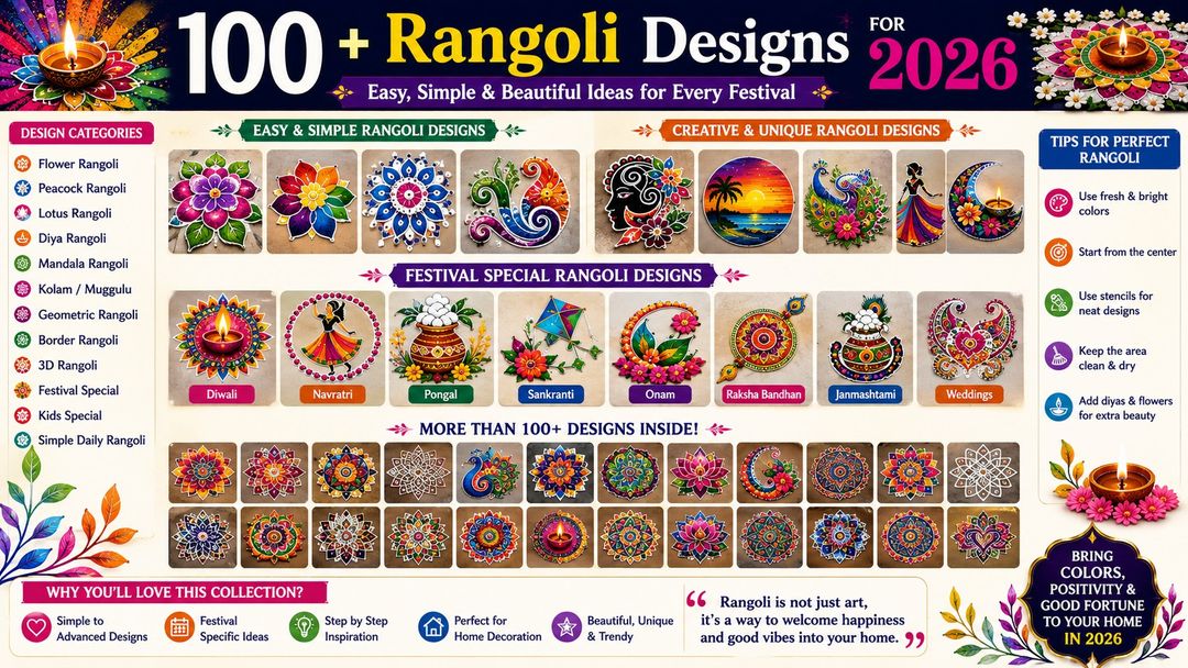 100+ Rangoli Designs for 2026: Easy, Simple & Beautiful Ideas for Every Festival 100+ Rangoli Designs for 2026: Easy, Simple & Beautiful Ideas for Every Festival
