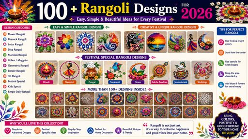100+ colorful rangoli designs for 2026 including flower, peacock, festival, diya, and traditional rangoli patterns