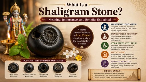 Infographic of a black Shaligram Stone with Lord Vishnu idol, explaining its meaning, spiritual importance, benefits, and different types in
