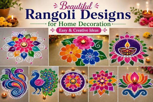 Colorful rangoli designs for home decoration featuring floral, peacock, lotus, diya, and mandala patterns with vibrant festival colors