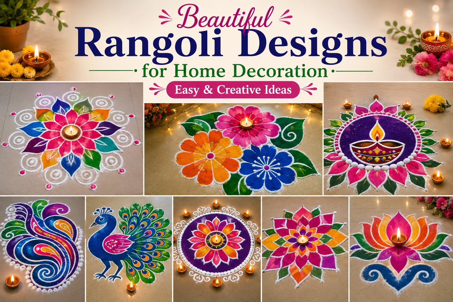Beautiful Rangoli Designs for Home Decoration | Easy & Creative Ideas Colorful rangoli designs for home decoration featuring floral, peacock, lotus, diya, and mandala patterns with vibrant festival colors