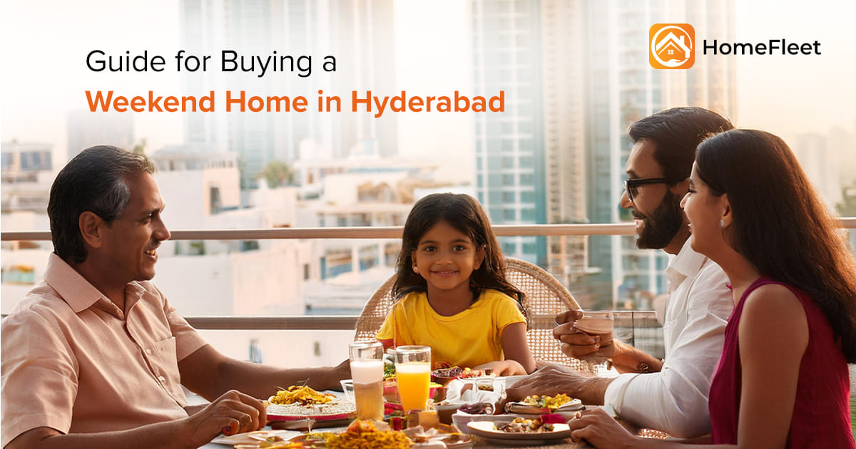 Guide for buying a weekend home in Hyderabad featuring a family enjoying a balcony breakfast.