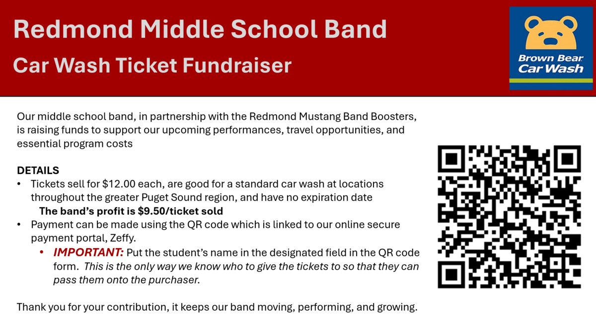 Redmond Middle School Band Car Wash Ticket Fundraiser