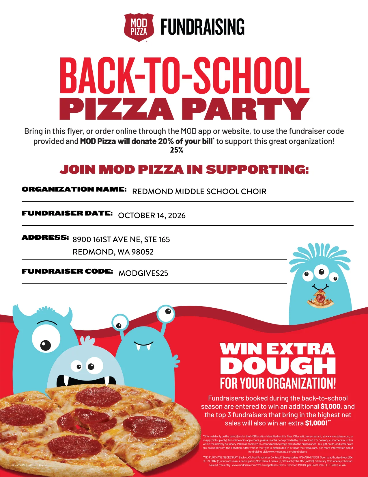Redmond Middle School Choir fundraiser at MOD Pizza, October 14