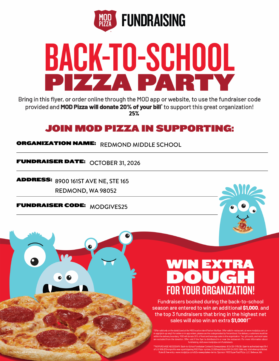 MOD Pizza fundraiser for Redmond Middle School, Saturday October 31