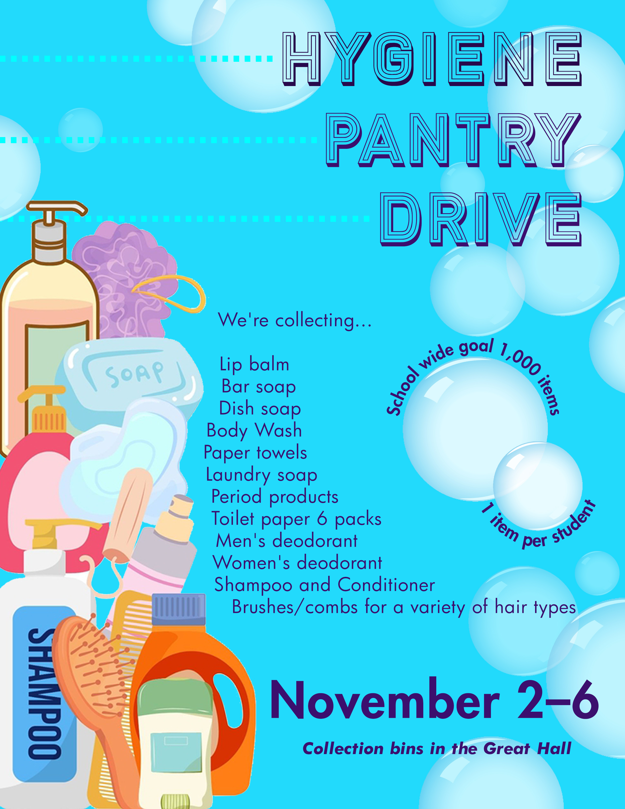 Hygiene Pantry Drive, November 2 to 6, collection bins in the Great Hall