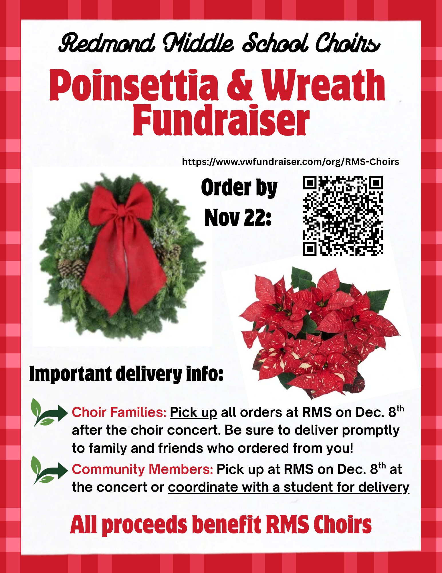 RMS Choirs Poinsettia and Wreath Fundraiser: order by November 22, pick up at RMS on December 8