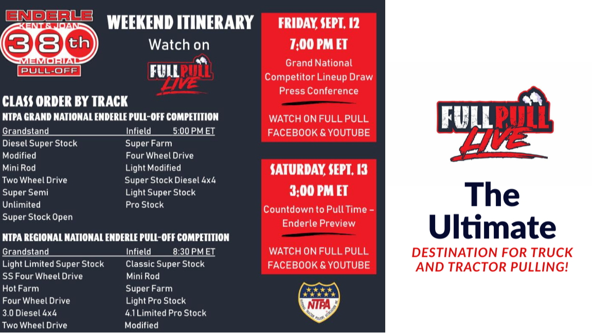 Enderle All Star NTPA Pull Off Saturday September 13th.  5pm Eastern