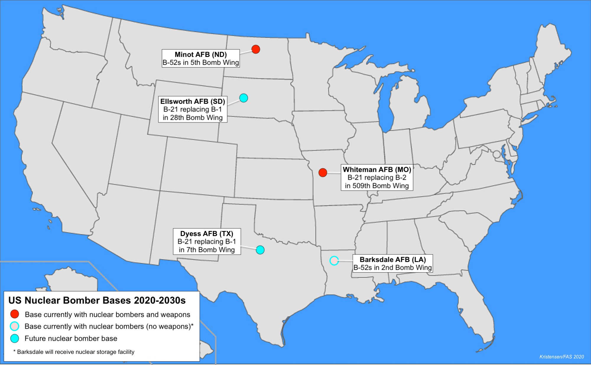 The Air Force plans to increase nuclear weapons storage capacity at bomber bases from two locations today to five in the future.