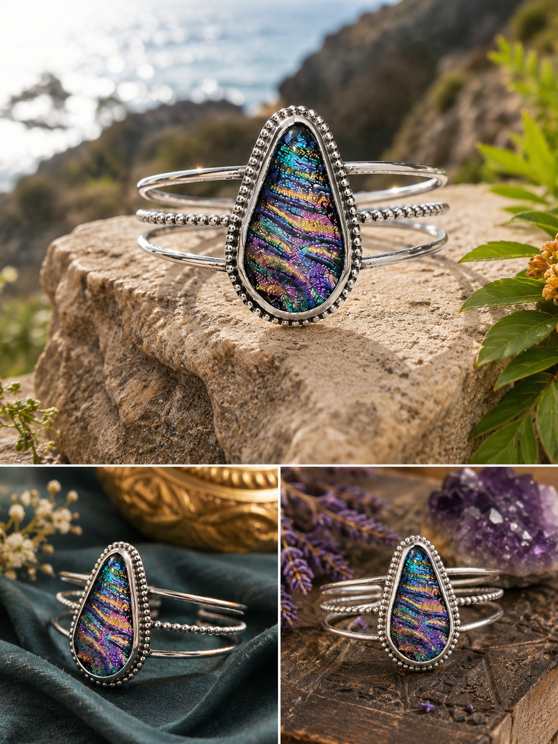Iridescent Dichroic Waves Cuff Bracelet