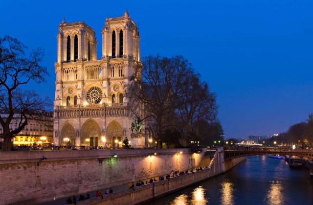 Notre Dame Cathedral of Paris at twilight seen on summer teen travel program
