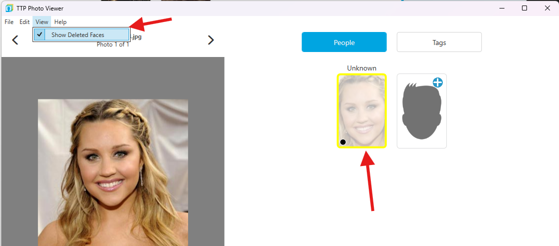Photo Viewer showing deleted faces as greyed-out thumbnails