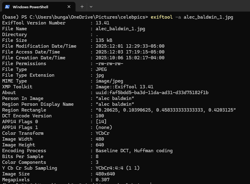 Example of Exiftool output showing TTP-written metadata
