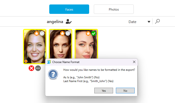 Export dialog showing options for naming the export