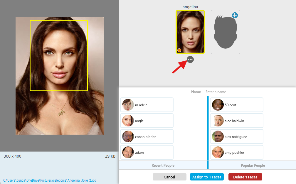 Face thumbnail with options menu visible