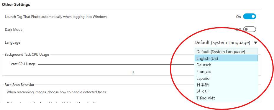 Settings screen showing language selection