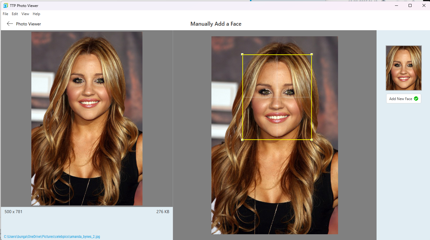 Photo Viewer showing manual face selection tool with reference image
