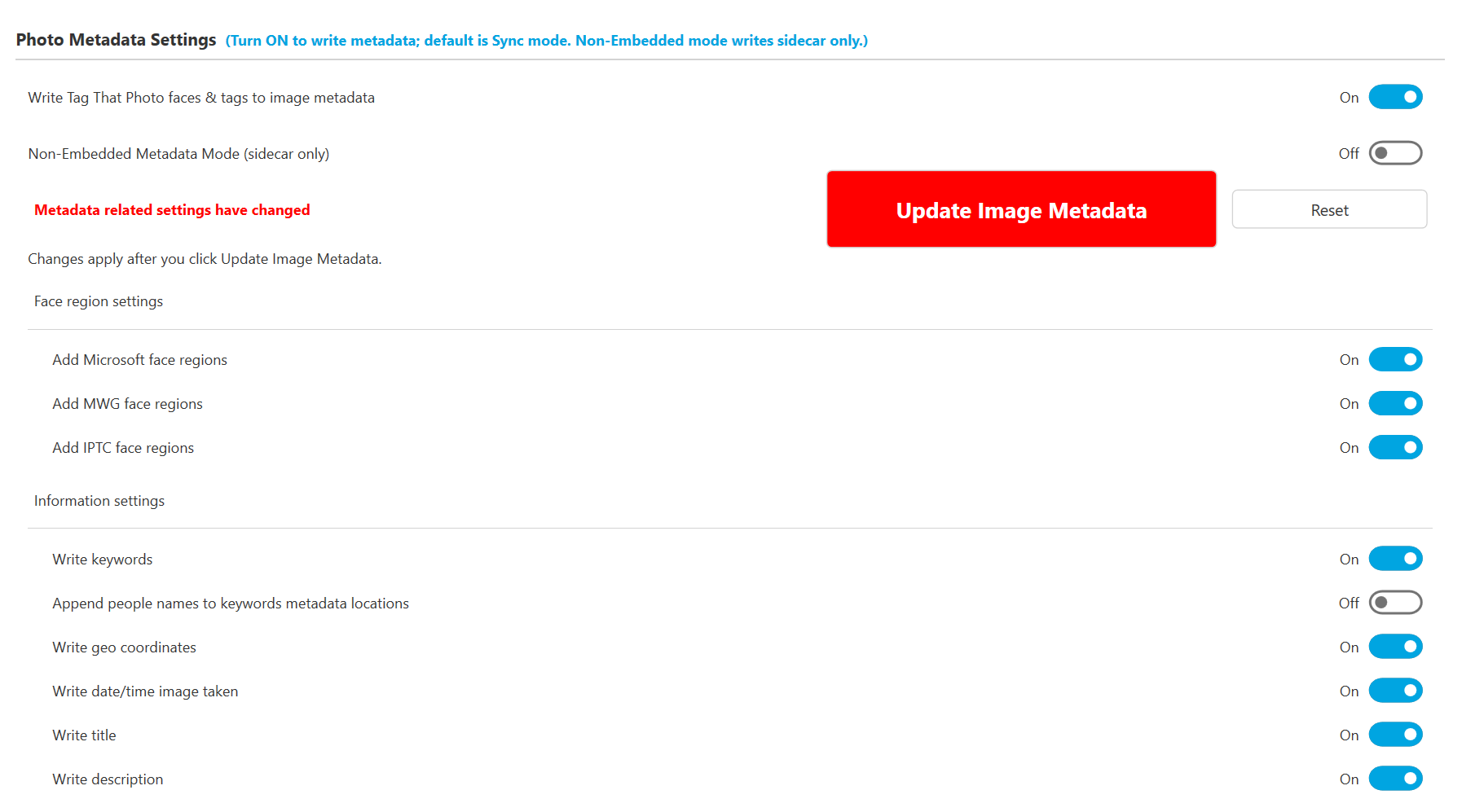 Settings screen showing pending Metadata update and reset option