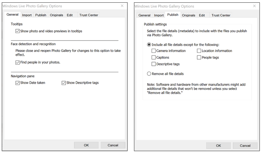 MS Photo Gallery settings showing required options