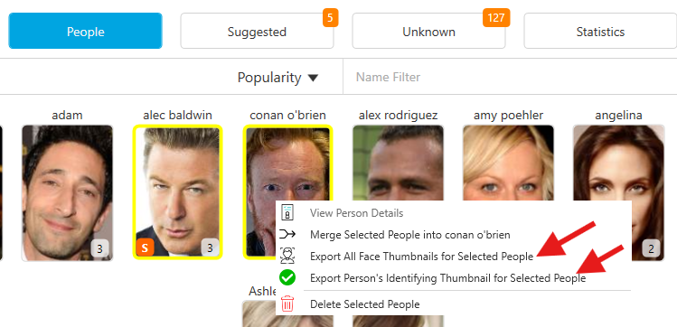 People view with multiple selected, showing export menu