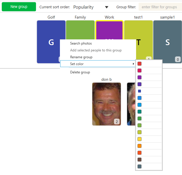Group tile right-click menu with Set color swatches