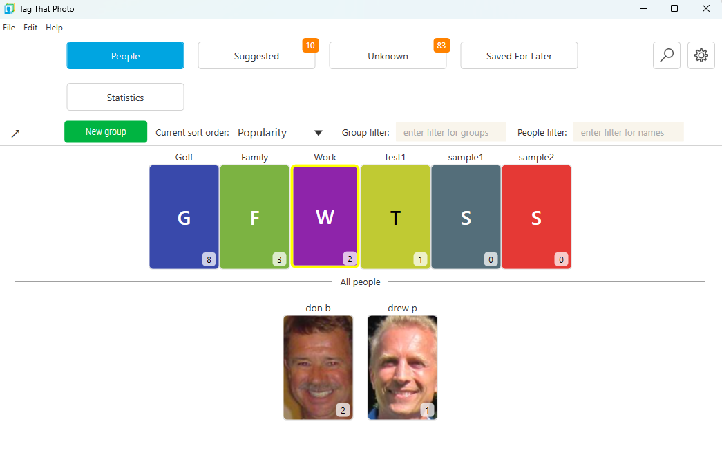 People view with colored group tiles above the people grid
