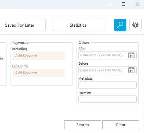 Search criteria panel showing the new "After" and "Before" Date Range text fields with their "enter date (YYYY-MM-DD)" watermark.