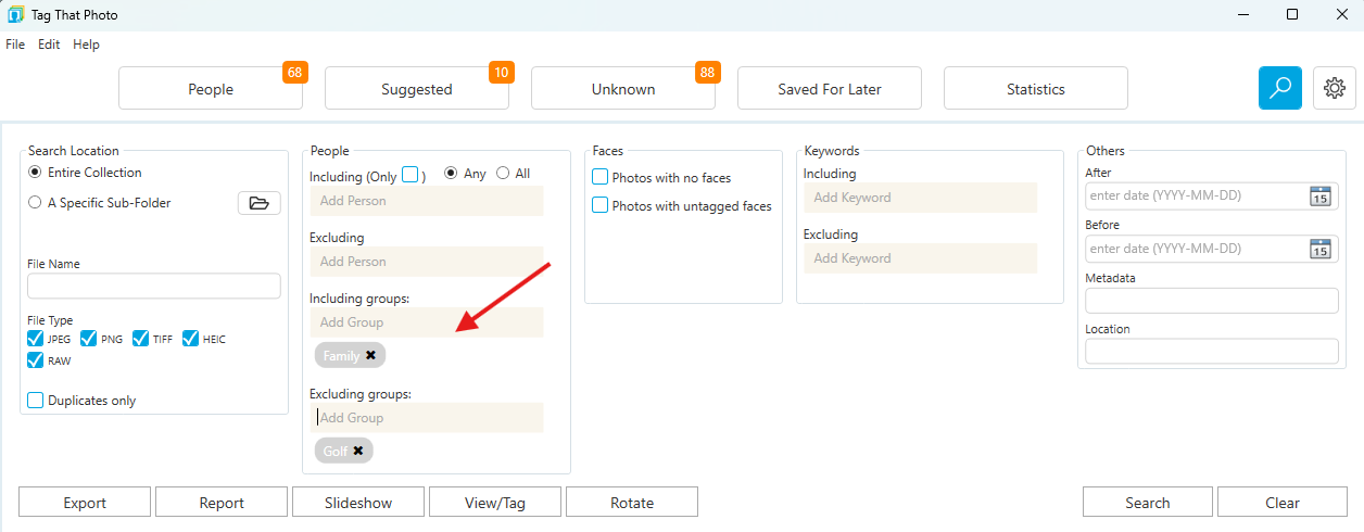 Search criteria showing included and excluded groups