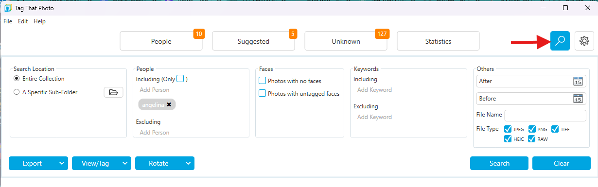 Main search interface showing all available search criteria
