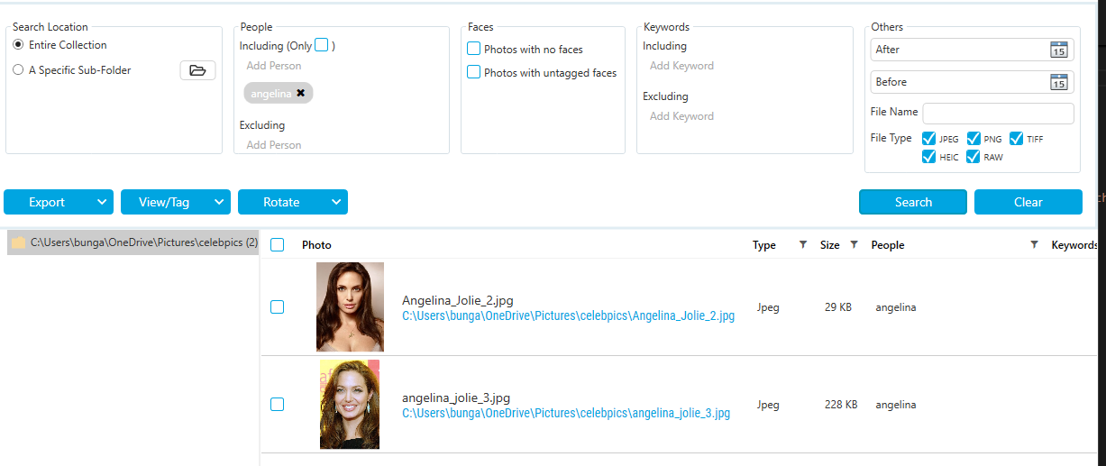 Search results showing thumbnails with selection checkboxes