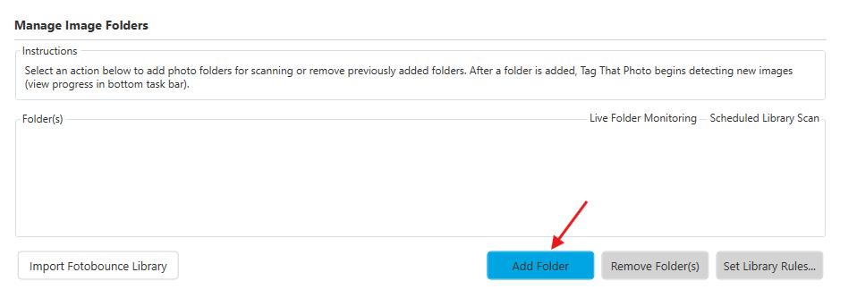 Settings screen showing folder management area