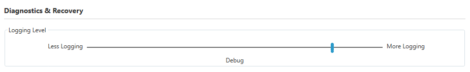 Settings screen showing logging level slider