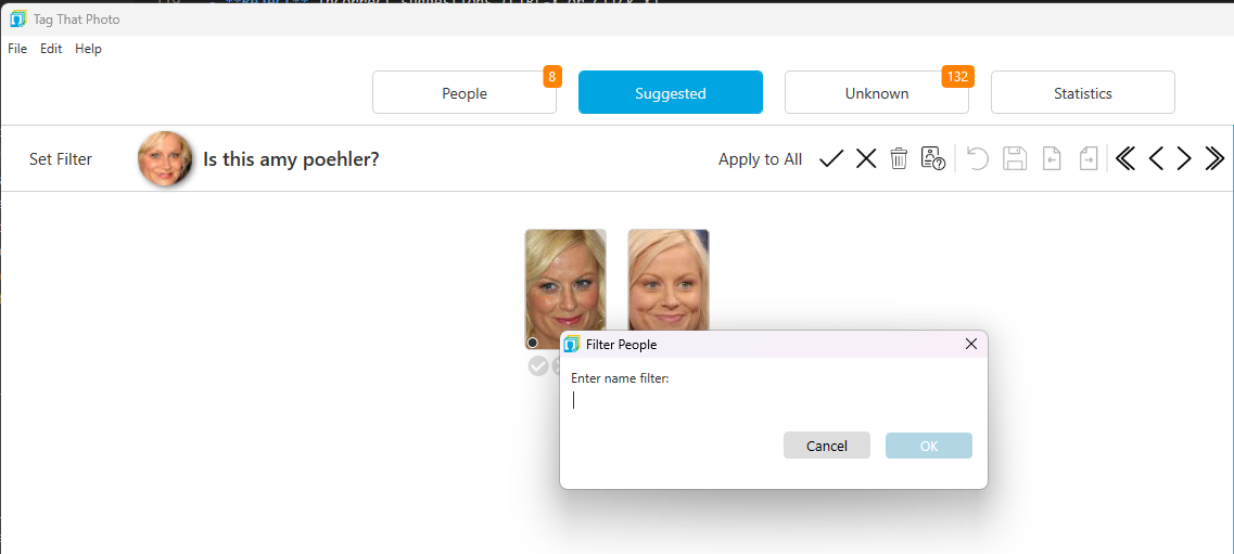 Suggestions tab showing Filter button and filtered results