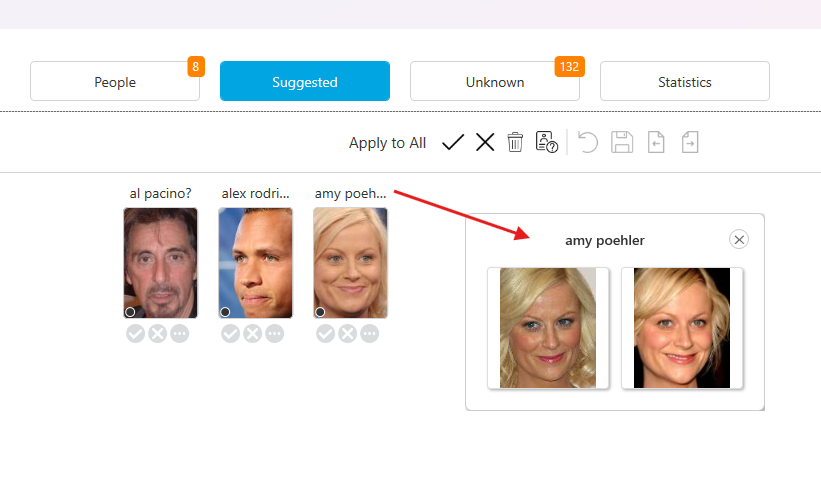 Suggestions view with mini-collage of 4 reference faces displayed