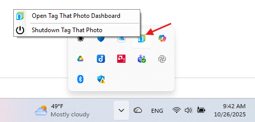 Windows system tray with TTP icon and right-click menu