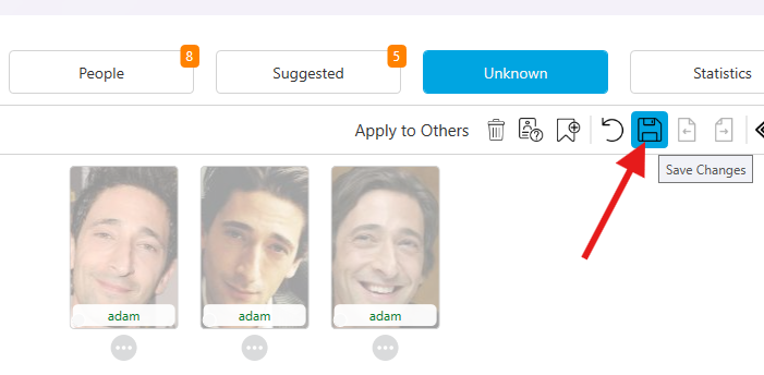 Unknown view showing named faces awaiting confirmation with Save button highlighted