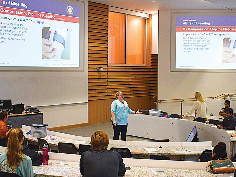 Claire Zagorski addresses attendees at a Stop the Bleed training.