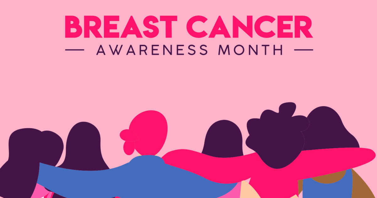 A graphic reading "Breast Cancer Awareness Month" and containing a colorful, impressionistic image of a group of women with their arms around one another's shoulders.