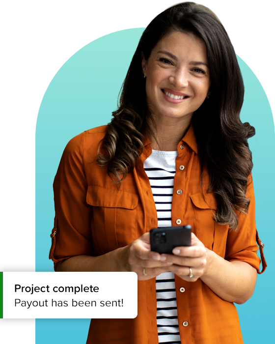 A message with ‘Project complete. Payout has been sent!’ is received by a smiling uTest worker.