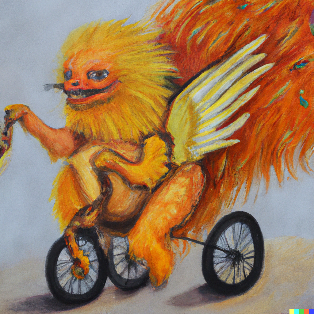 DALL·E 2022-08-31 12.27.05 - painting of a dragon covered in chicken feathers that is riding a tricycle.png