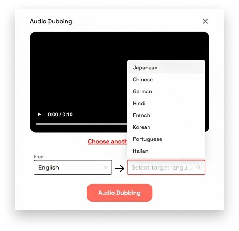 Interface showing video audio dubbing with multiple language options